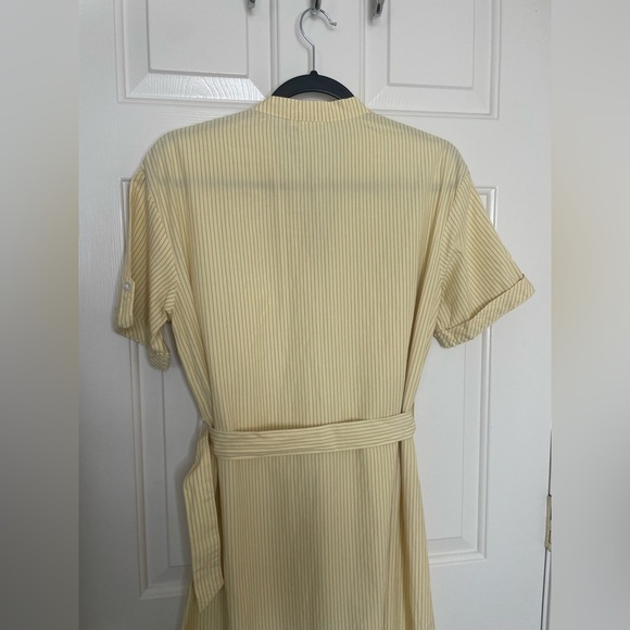 ICHI Yellow Striped Belted Shirt Dress Button Down Midi Short Sleeve Pockets - Picture 8 of 14